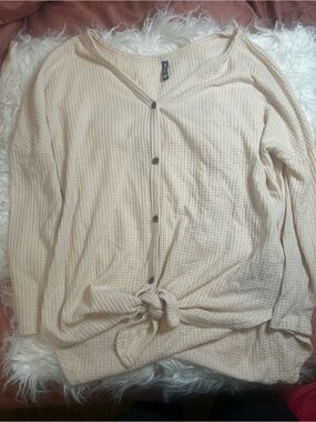 Light Beige Waffle Knit Button-Front Top